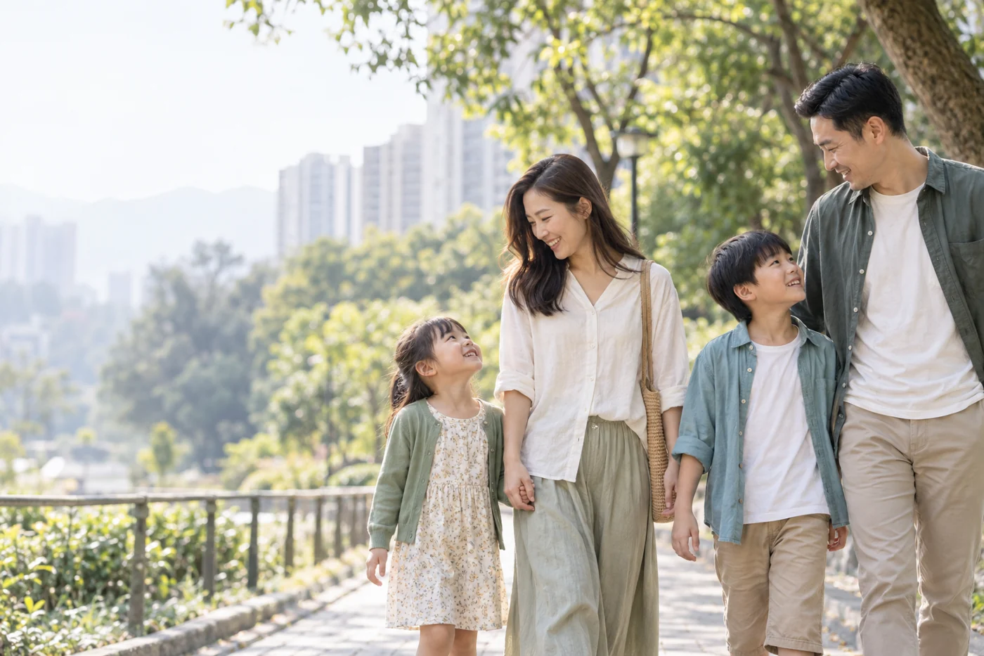 一家人在公園散步，親子自然交談