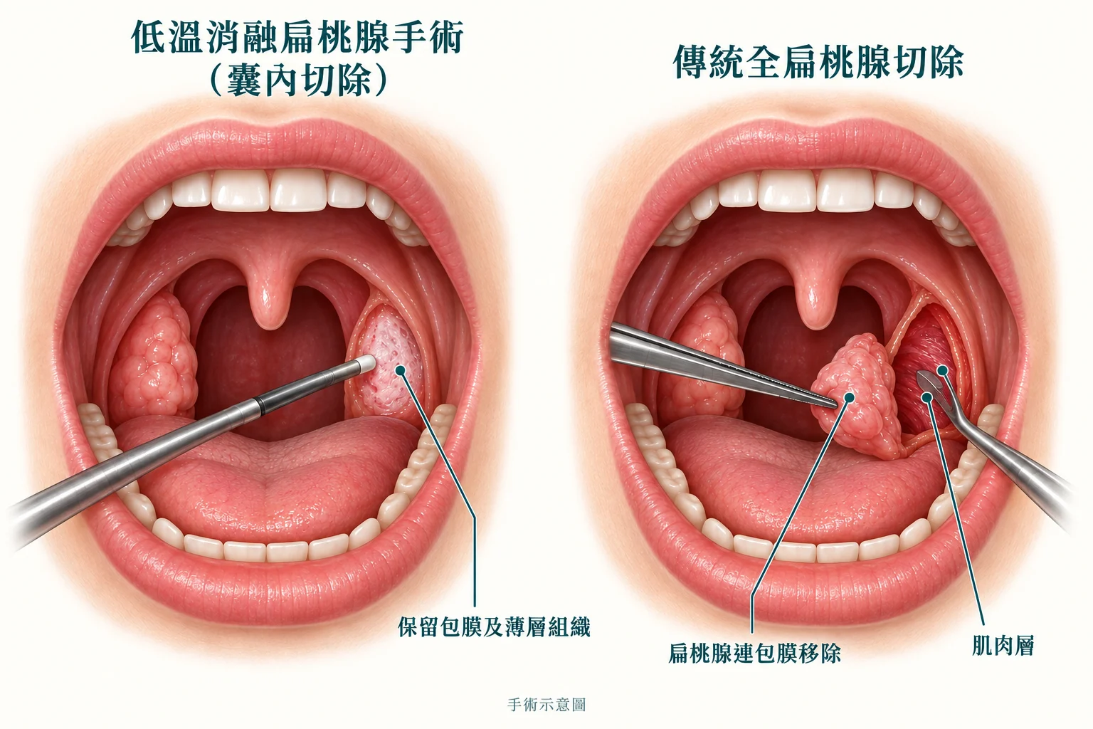 扁桃腺手術比較教育示意
