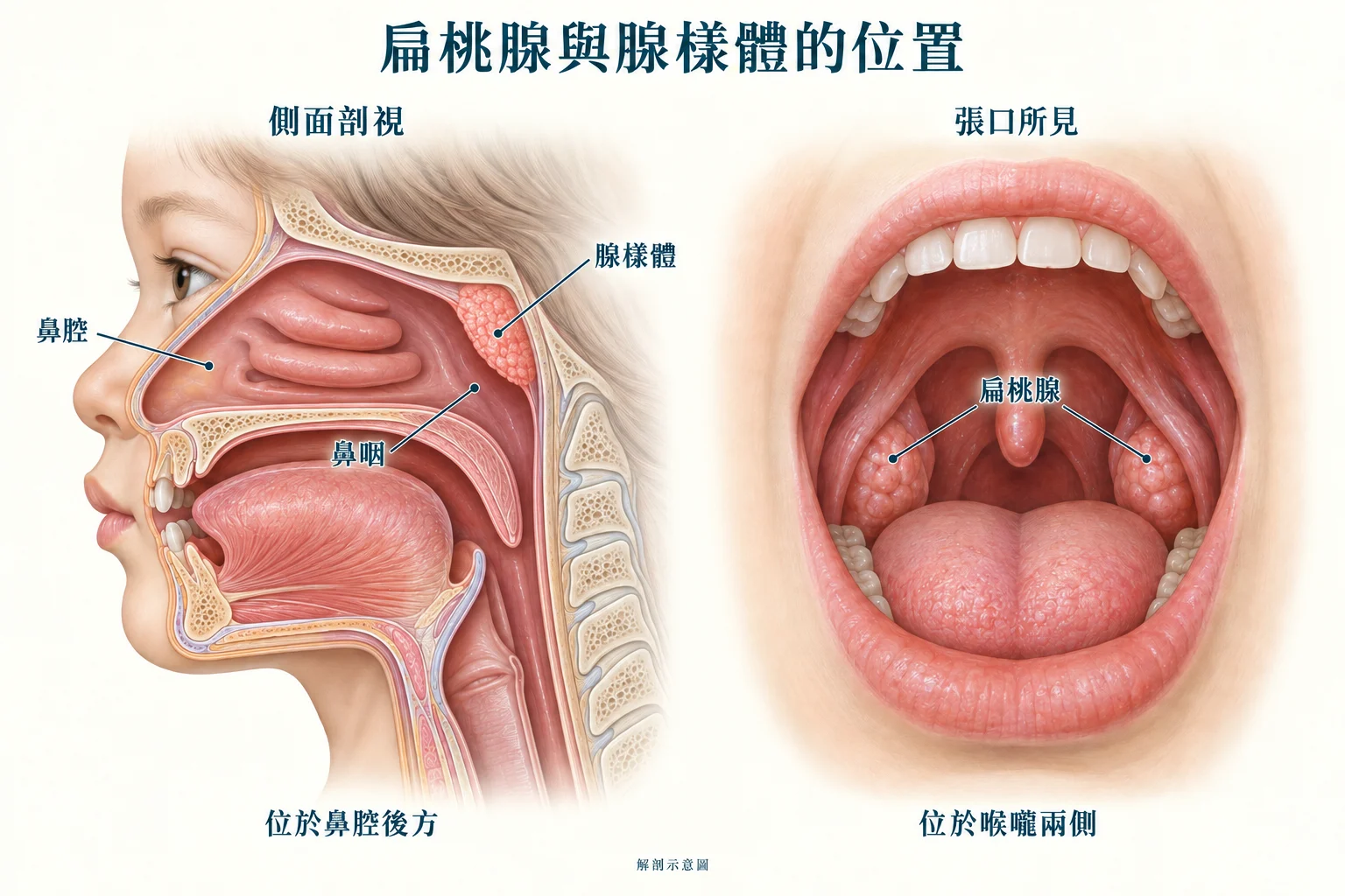 扁桃腺腺樣體位置教育示意
